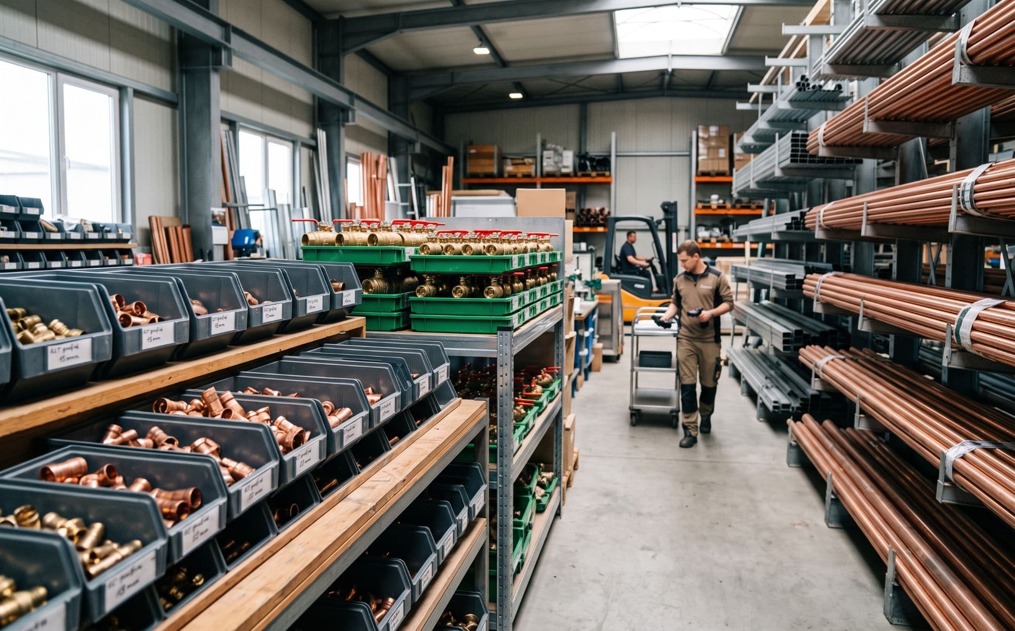 KI-generiertes Symbolbild: Regal mit Kupferrohren, Pressfittings und Armaturen im Lager eines Haustechnik-Großhandels
