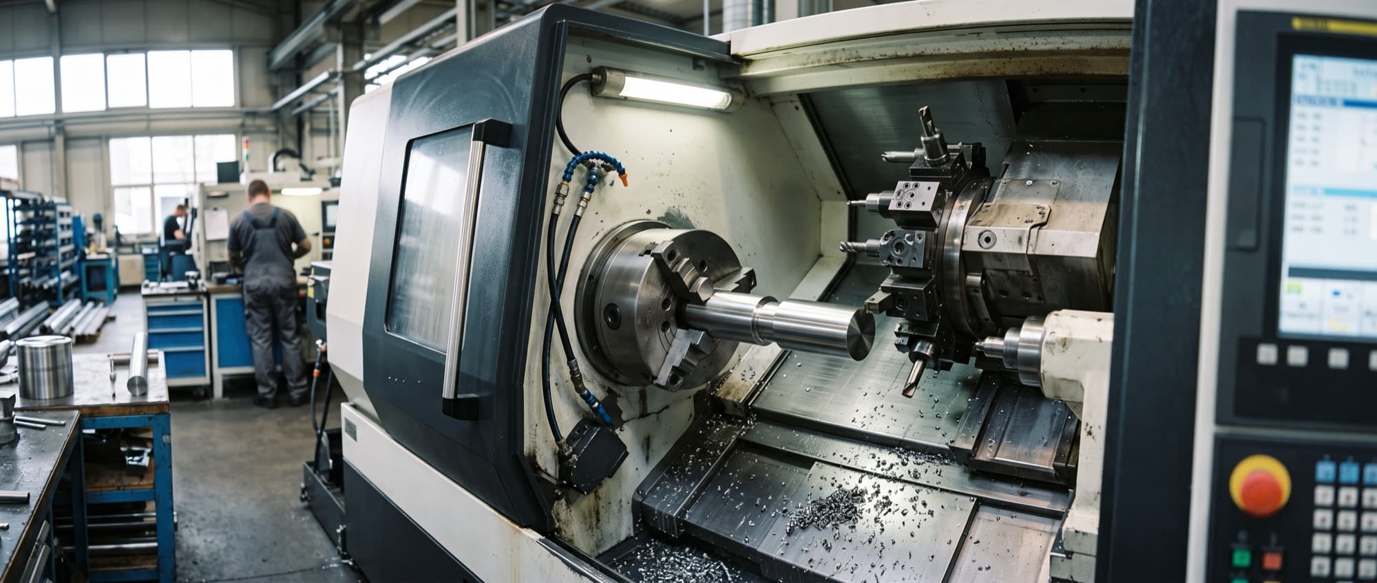 KI-generiertes Symbolbild: CNC-Drehmaschine mit Stangenmaterial und frisch gedrehtem Edelstahlteil