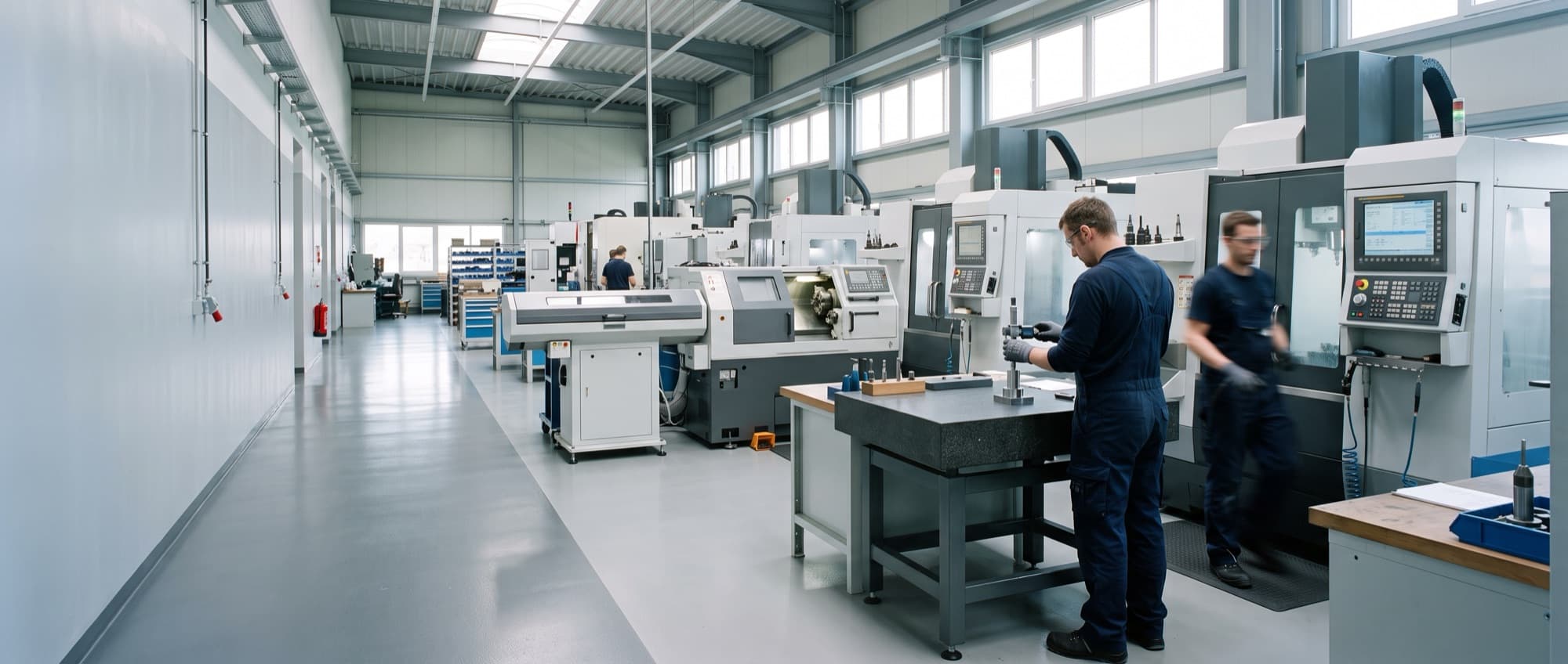KI-generiertes Symbolbild: Helle Fertigungshalle eines Lohnfertigers mit CNC-Bearbeitungszentren und einer Drehmaschine