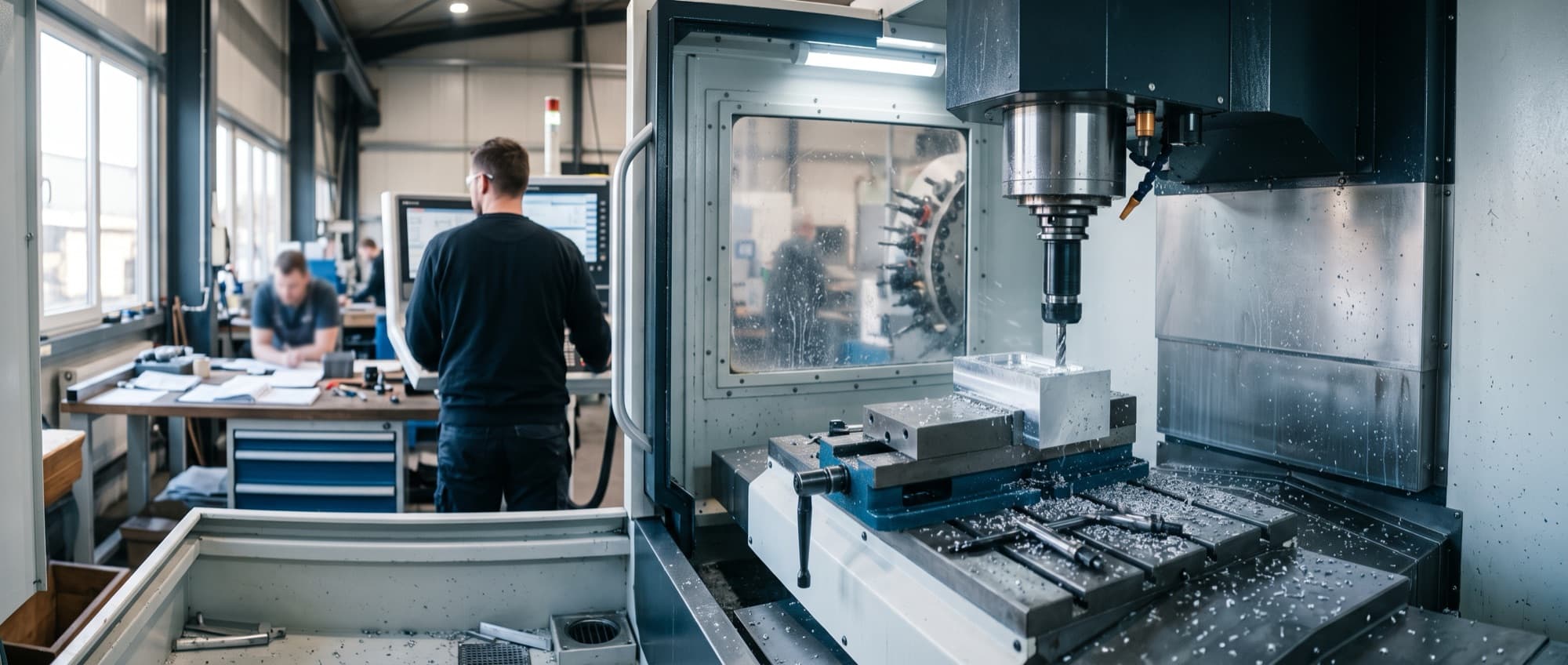 KI-generiertes Symbolbild: Arbeitsraum eines CNC-Fräszentrums mit eingespanntem Aluminiumteil
