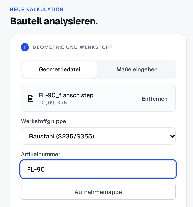Eingabe im Quoter: Geometriedatei FL-90_flansch.step, Werkstoffgruppe Baustahl, Artikelnummer FL-90.