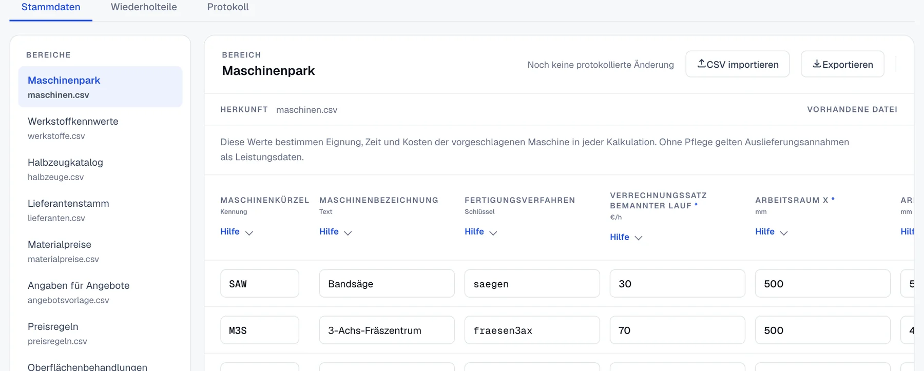 Stammdaten im Quoter: Bereiche wie Maschinenpark, Werkstoffkennwerte, Halbzeugkatalog und Materialpreise, daneben die Tabelle des Maschinenparks mit Kürzel, Bezeichnung, Fertigungsverfahren, Verrechnungssatz und Arbeitsraum.